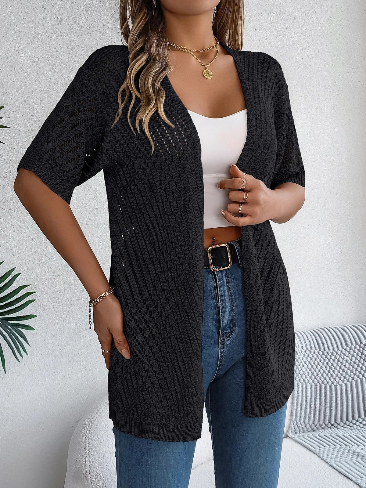 Women's Short Sleeve Open Front Cardigan in Pointelle Knit