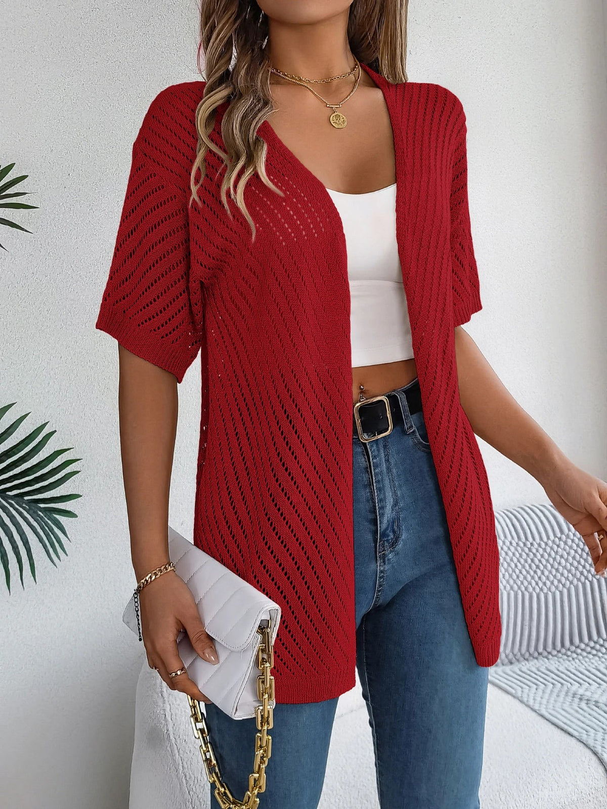 Women's Short Sleeve Open Front Cardigan in Pointelle Knit