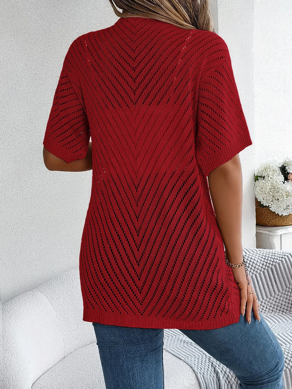 Women's Short Sleeve Open Front Cardigan in Pointelle Knit