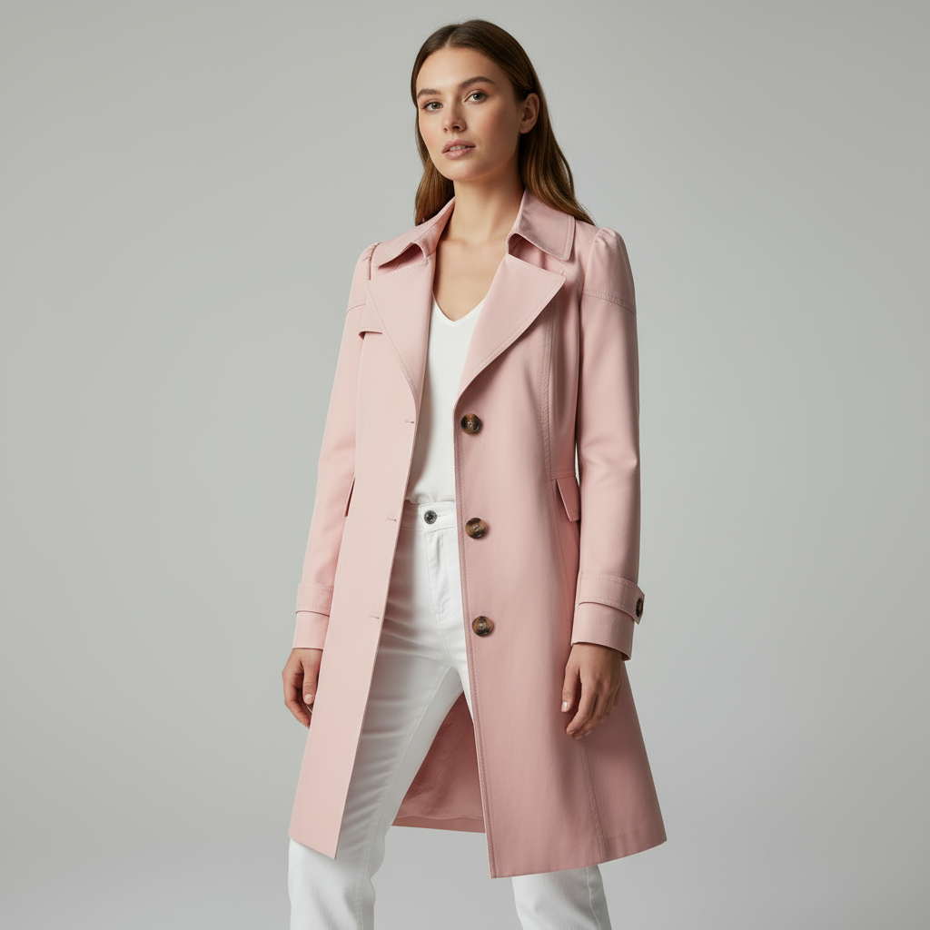 Women's Single-Breasted Long Coat with Notched Collar - Rose Pink