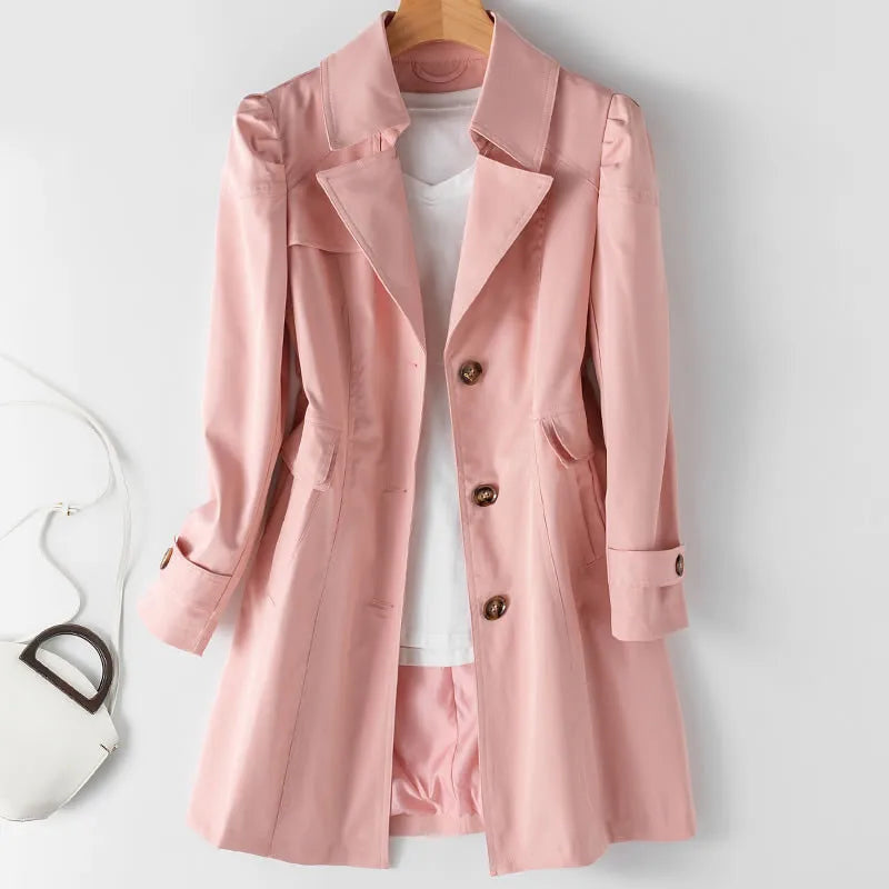 Women's Single-Breasted Long Coat with Notched Collar