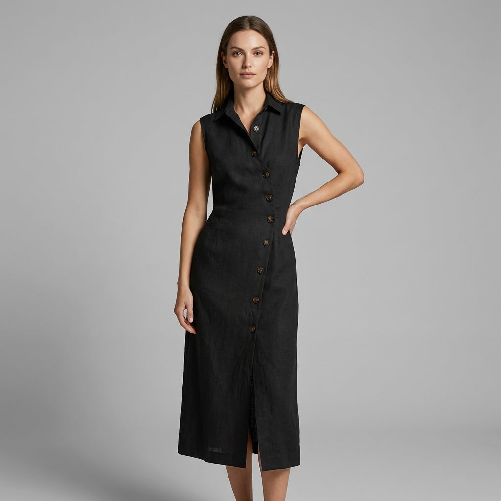 Women's Sleeveless Button Front Maxi Dress with Collar - Noir
