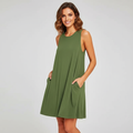 Women's Sleeveless Crewneck Swing Dress with Side Pockets - Forest Green