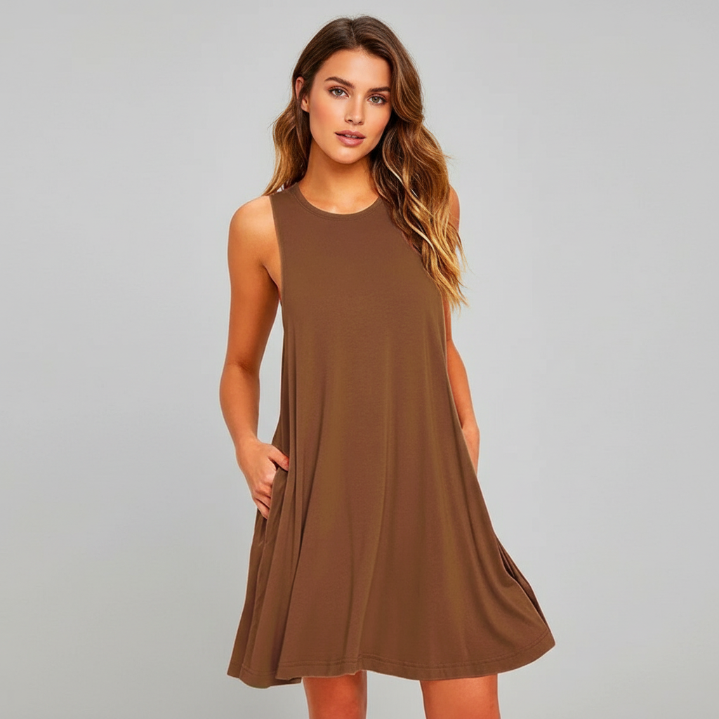 Women's Sleeveless Crewneck Swing Dress with Side Pockets - Sienna Brown
