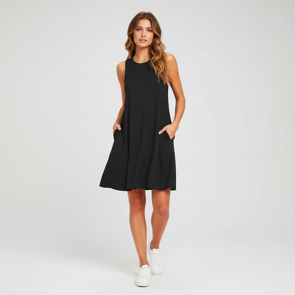Women's Sleeveless Crewneck Swing Dress with Side Pockets - Charcoal