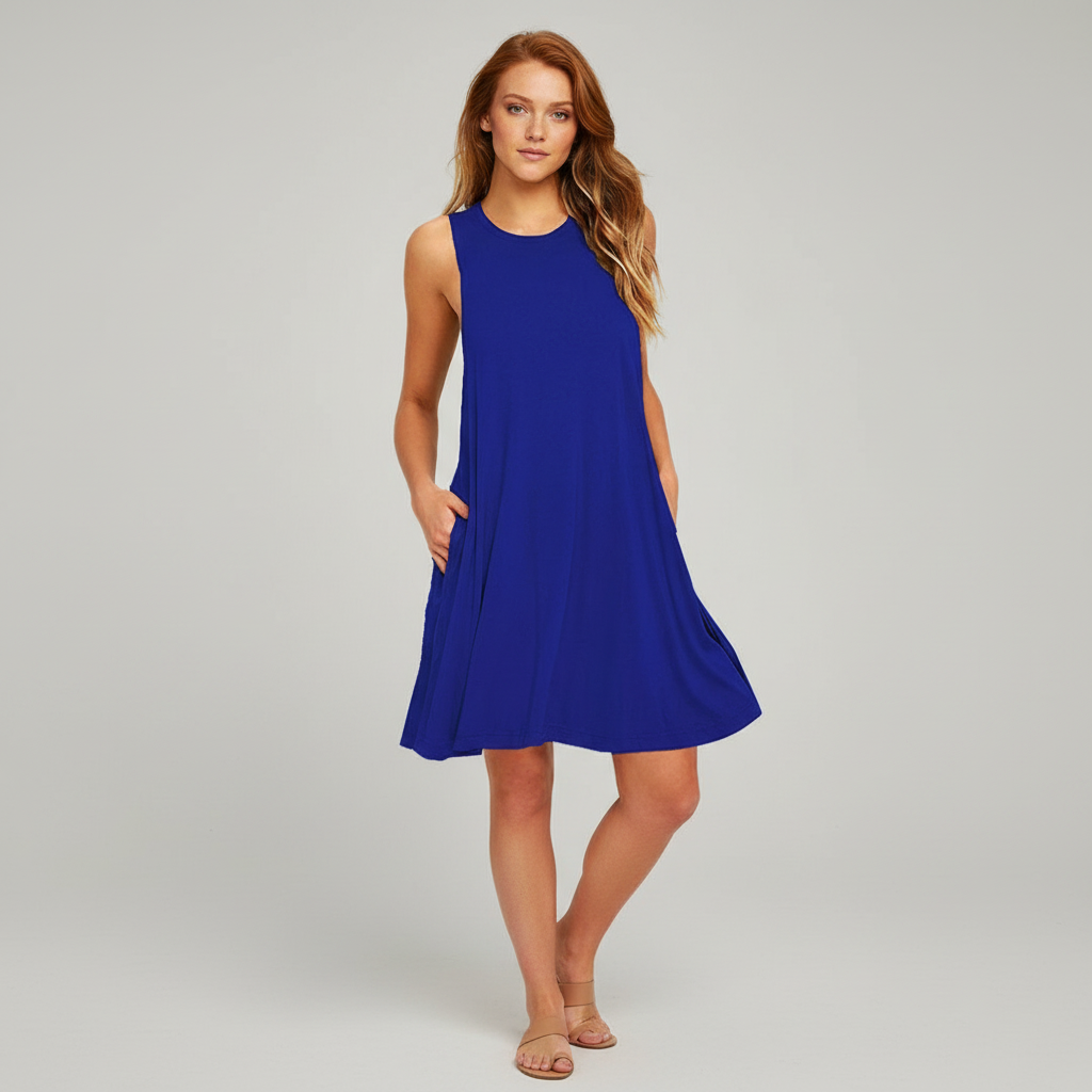 Women's Sleeveless Crewneck Swing Dress with Side Pockets - Royal Blue