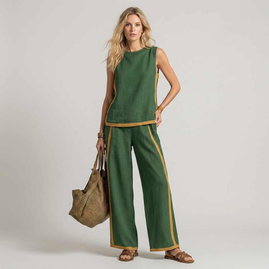 Women's Sleeveless Top and Wide Leg Pants Set with Contrast Trim - Emerald