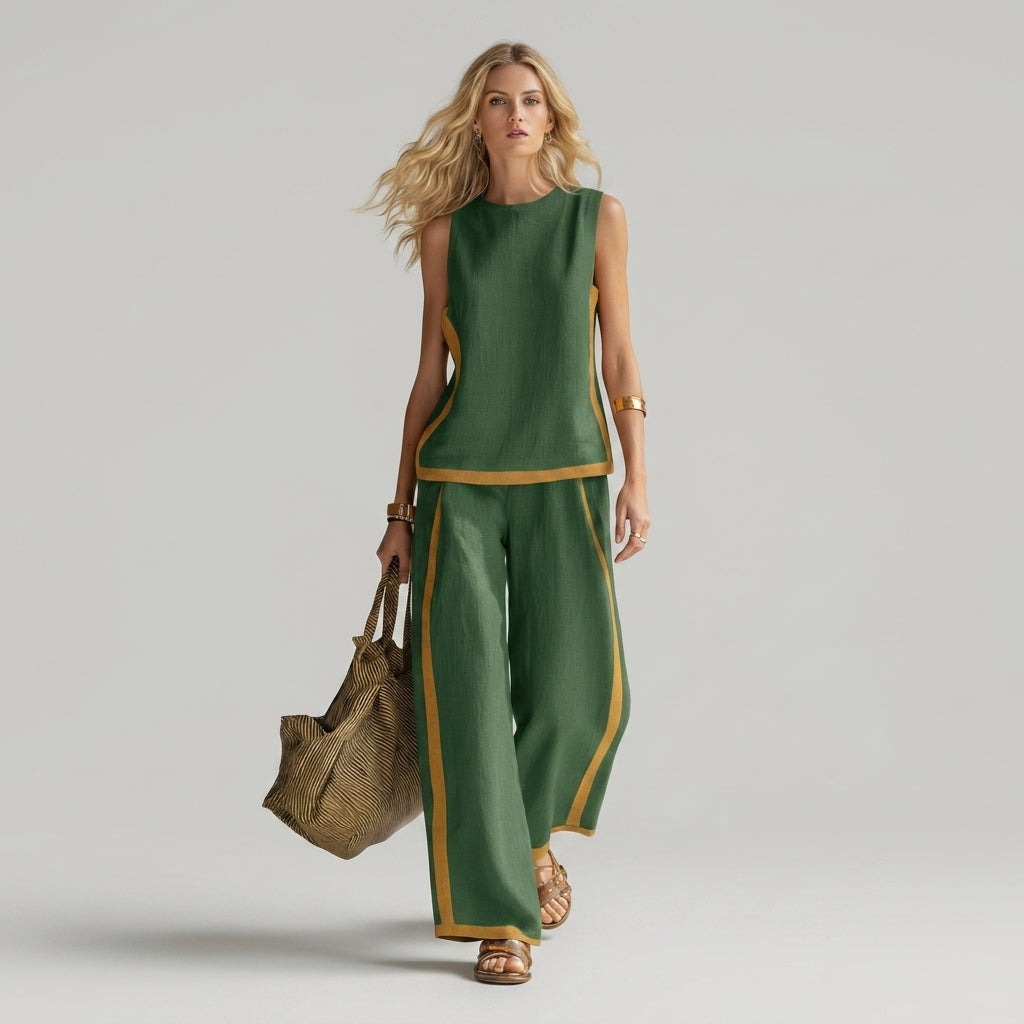 Women's Sleeveless Top and Wide Leg Pants Set with Contrast Trim