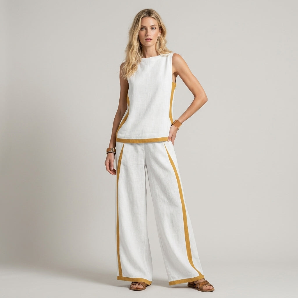 Women's Sleeveless Top and Wide Leg Pants Set with Contrast Trim - Pearl