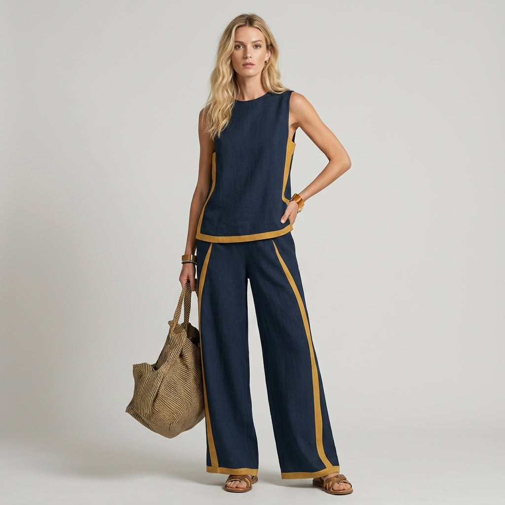 Women's Sleeveless Top and Wide Leg Pants Set with Contrast Trim - Navy Blue