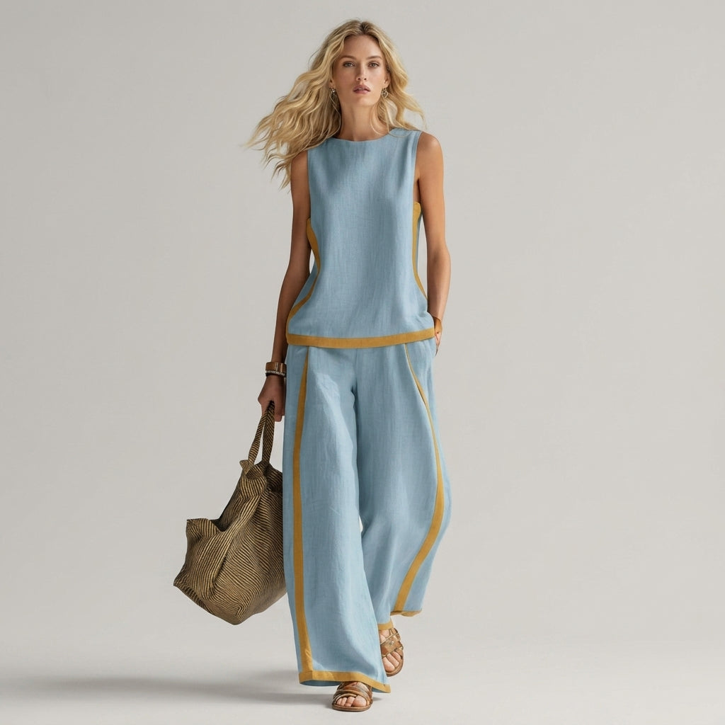 Women's Sleeveless Top and Wide Leg Pants Set with Contrast Trim - Carolina Blue