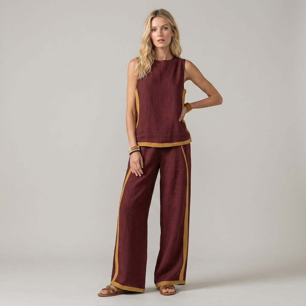 Women's Sleeveless Top and Wide Leg Pants Set with Contrast Trim - Cabernet