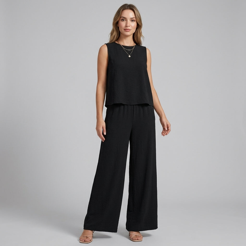 Women's Sleeveless Top and Wide Leg Pants Two-Piece Set - Noir