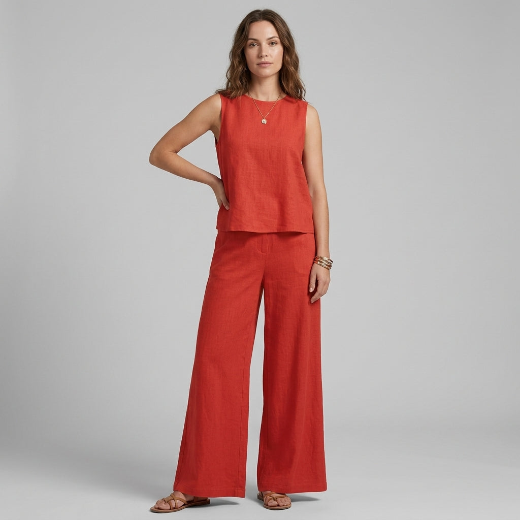 Women's Sleeveless Top and Wide Leg Pants Two-Piece Set - Crimson
