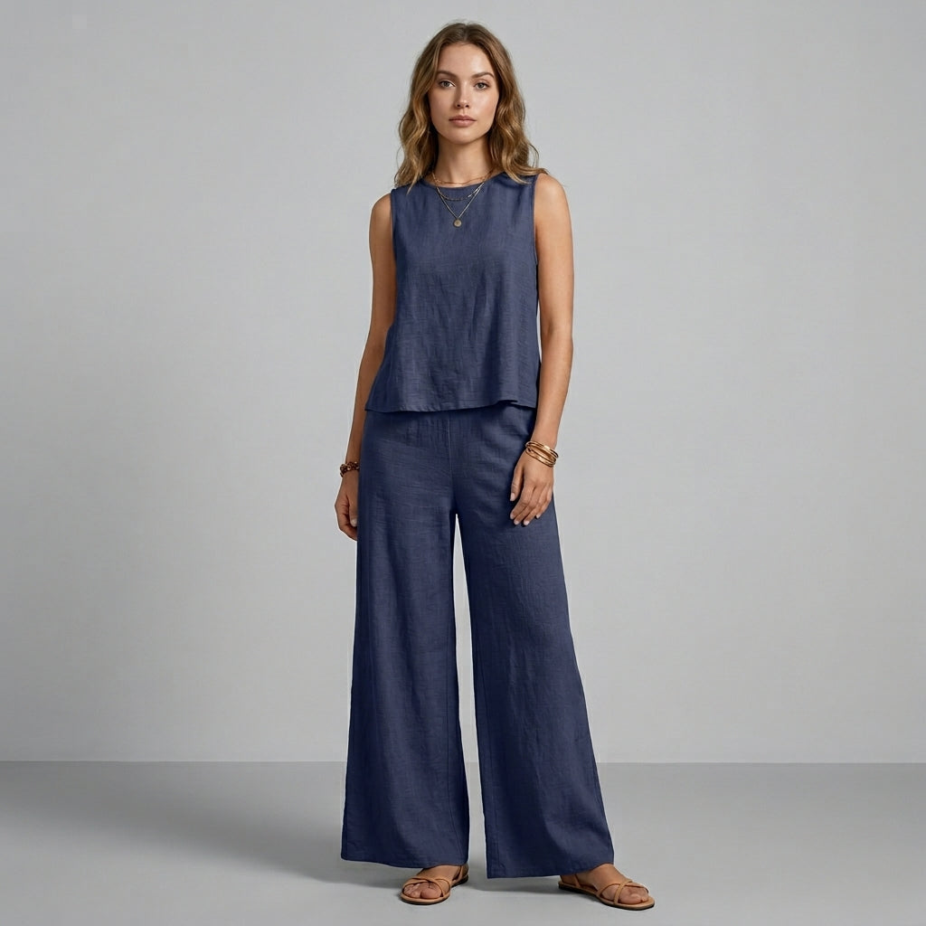 Women's Sleeveless Top and Wide Leg Pants Two-Piece Set - Navy