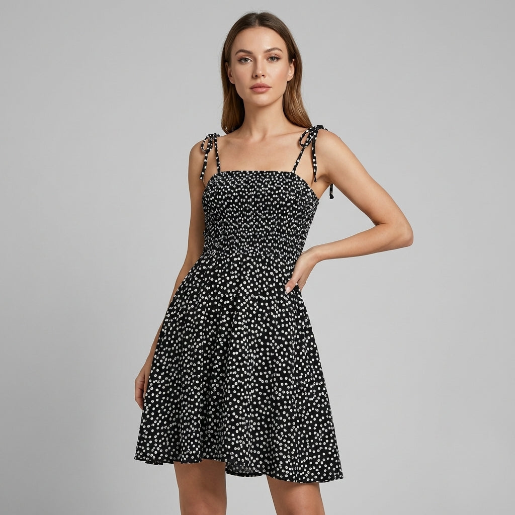 Women's Smocked Mini Dress with Tie Straps and Dot Print - Onyx