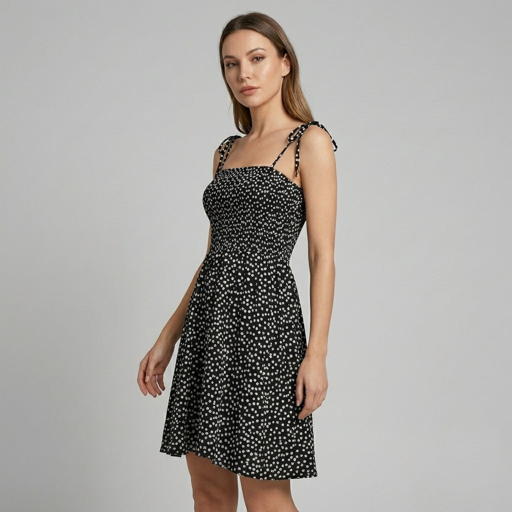 Women's Smocked Mini Dress with Tie Straps and Dot Print