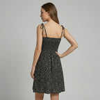 Women's Smocked Mini Dress with Tie Straps and Dot Print