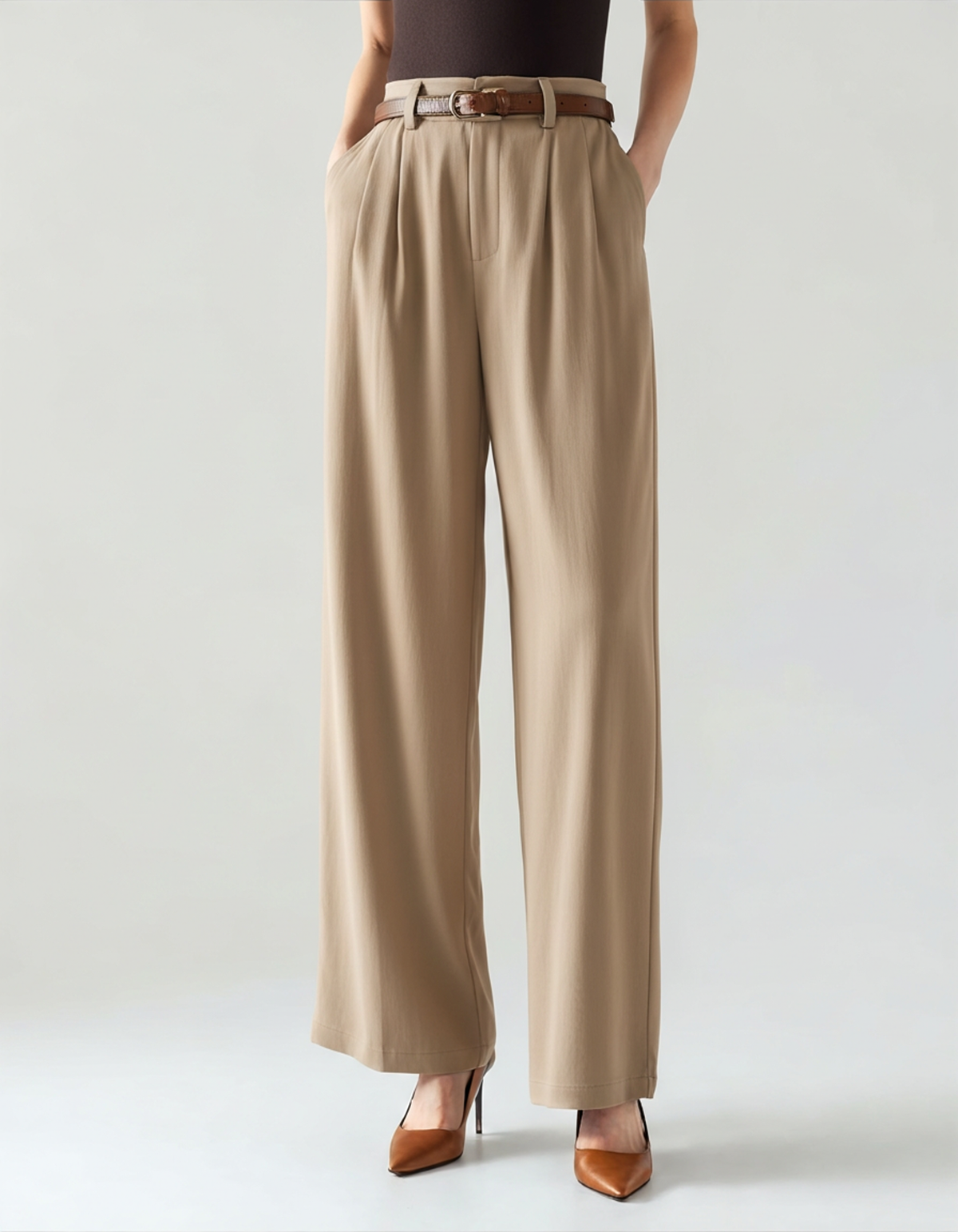 Women's Straight Cut Cropped Trousers with Belt Loops - Khaki