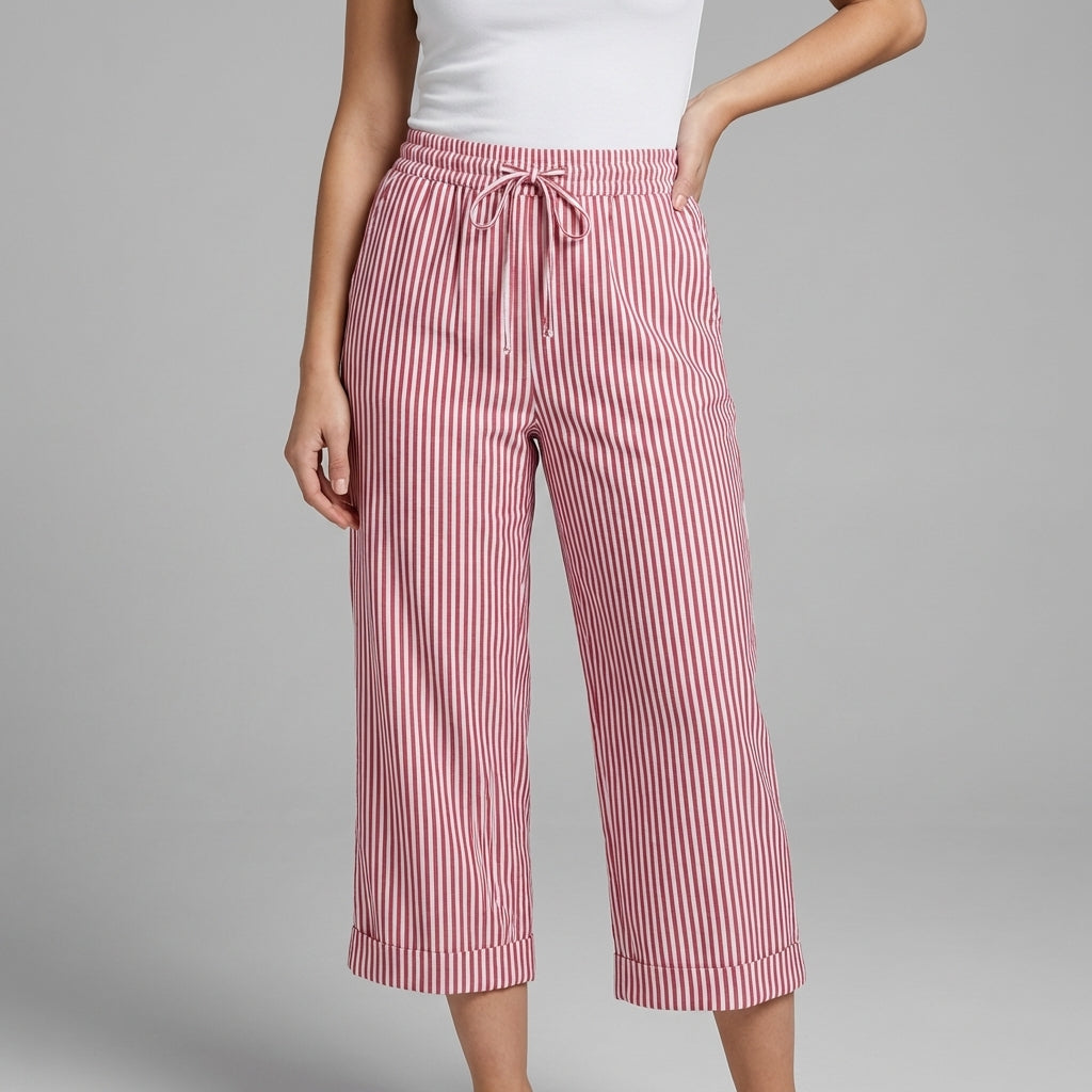 Women's Striped Cropped Wide Leg Pants with Drawstring - Rose