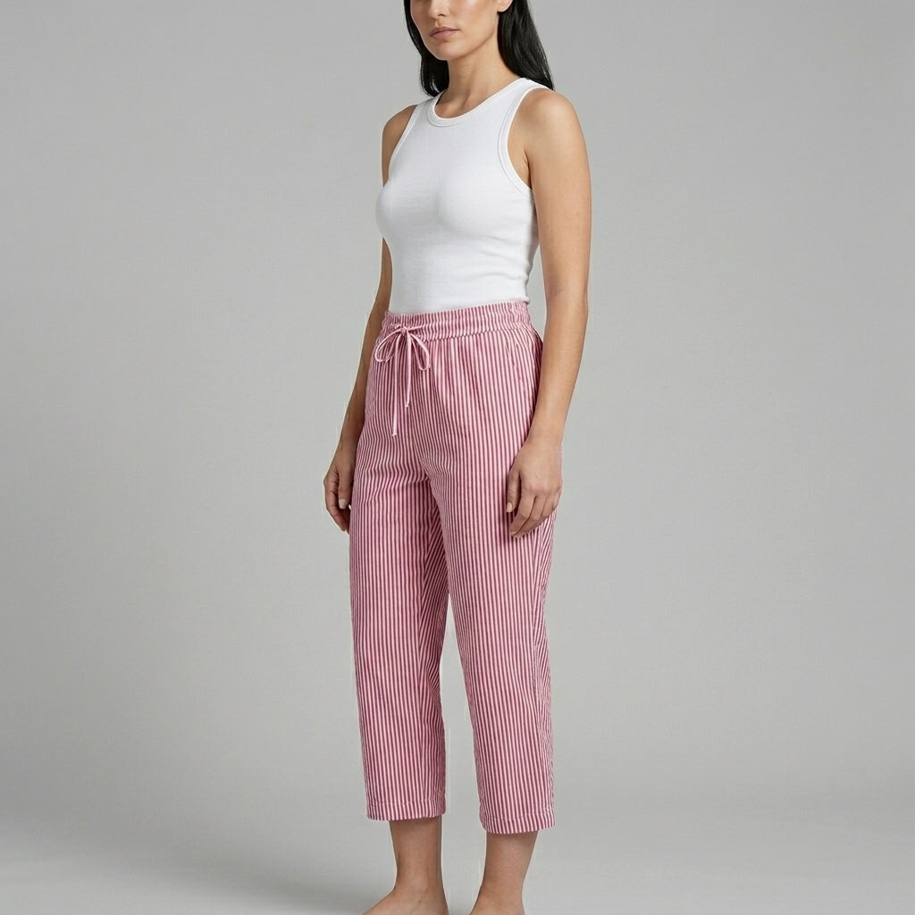 Women's Striped Cropped Wide Leg Pants with Drawstring