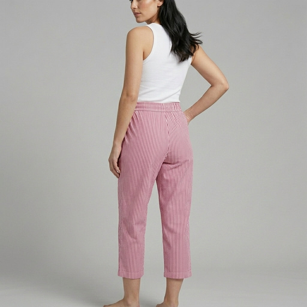 Women's Striped Cropped Wide Leg Pants with Drawstring