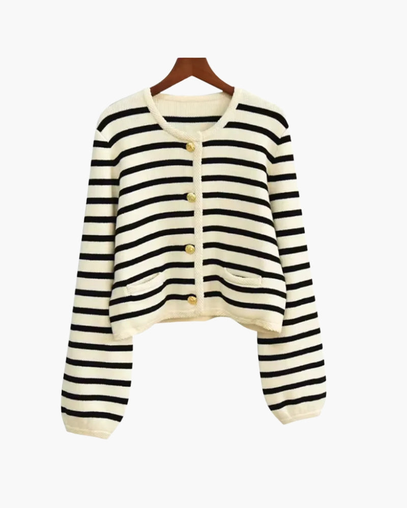 Women's Striped Knit Button-Up Vest with Round Neck
