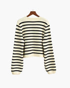 Women's Striped Knit Button-Up Vest with Round Neck
