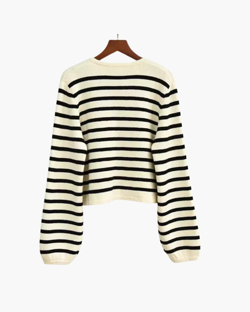 Women's Striped Knit Button-Up Vest with Round Neck