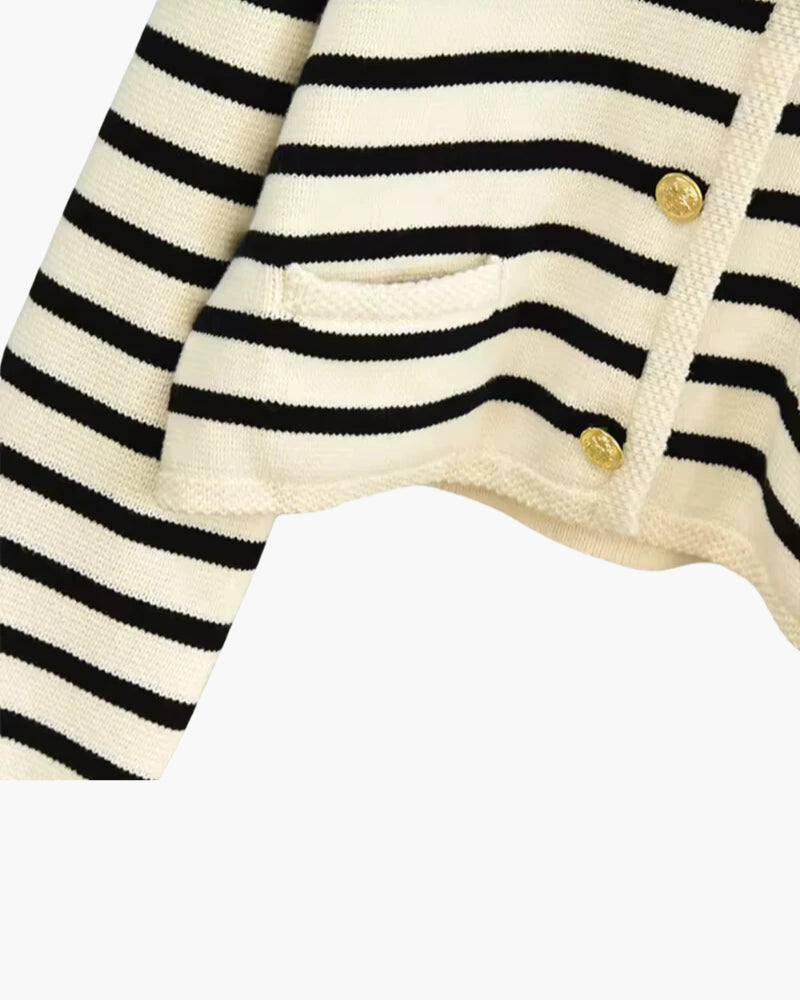 Women's Striped Knit Button-Up Vest with Round Neck