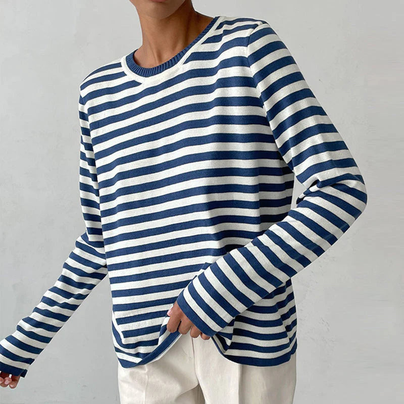 Women's Striped Long Sleeve Tee with Crew Neck - Azure