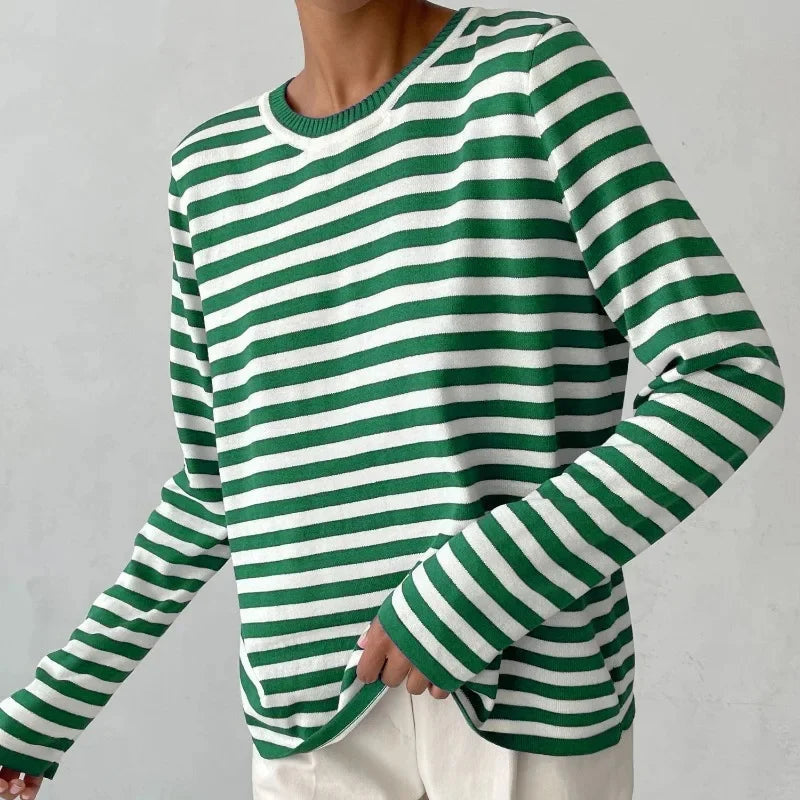 Women's Striped Long Sleeve Tee with Crew Neck
