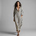 Women's Striped Maxi Shirt Dress with Wide Sleeves - Charcoal