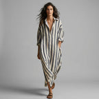 Women's Striped Maxi Shirt Dress with Wide Sleeves - Charcoal