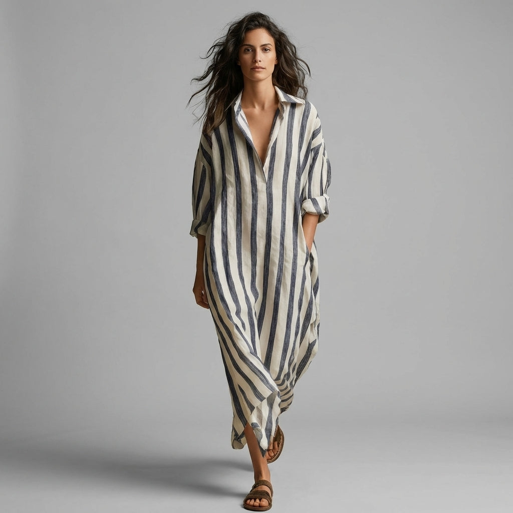 Women's Striped Maxi Shirt Dress with Wide Sleeves - Charcoal
