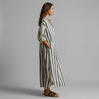 Women's Striped Maxi Shirt Dress with Wide Sleeves