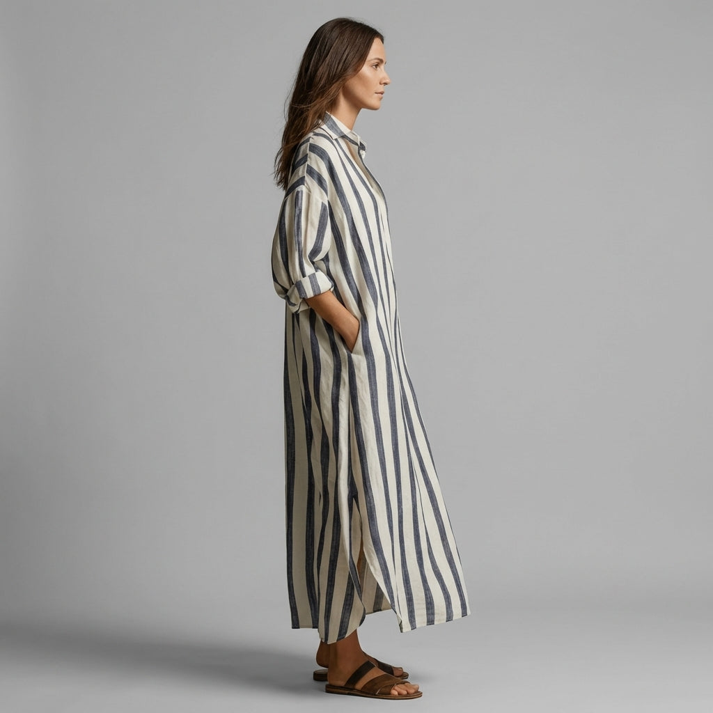 Women's Striped Maxi Shirt Dress with Wide Sleeves