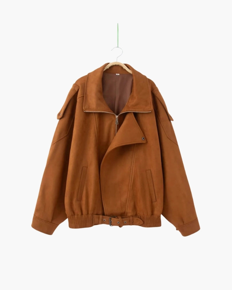 Women's Suede-Look Drape Jacket with Lapel Collar - Brown