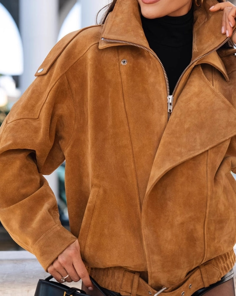 Women's Suede-Look Drape Jacket with Lapel Collar