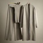 Women's Three-Piece Knit Set with Long Cardigan and Wide Pants - Gray