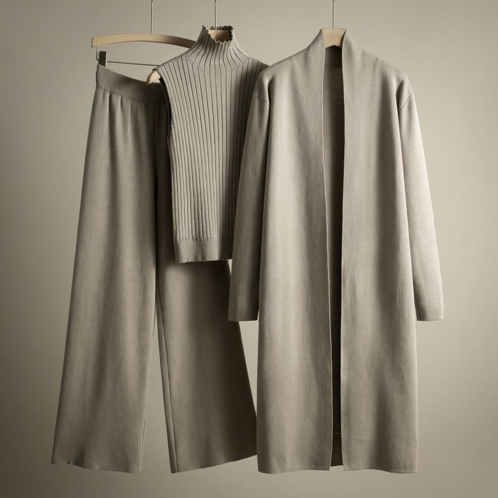 Women's Three-Piece Knit Set with Long Cardigan and Wide Pants - Gray