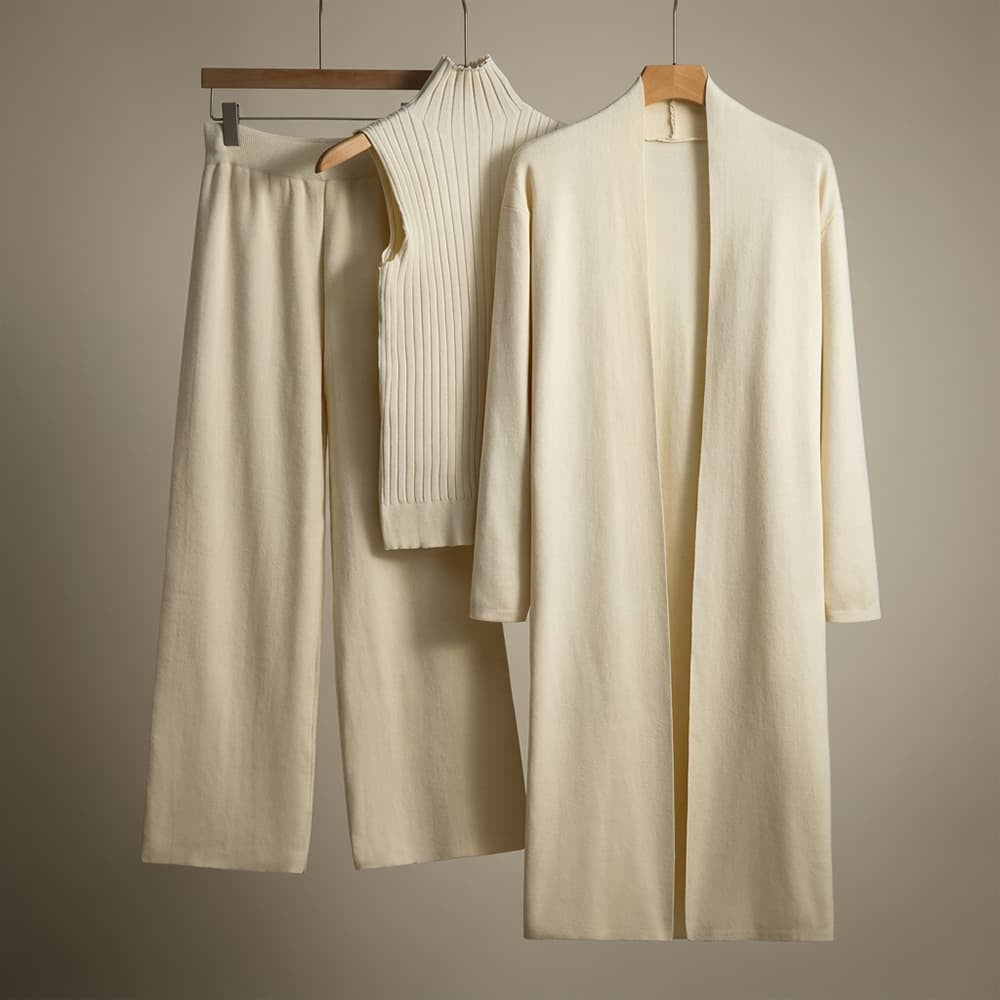 Women's Three-Piece Knit Set with Long Cardigan and Wide Pants - Beige