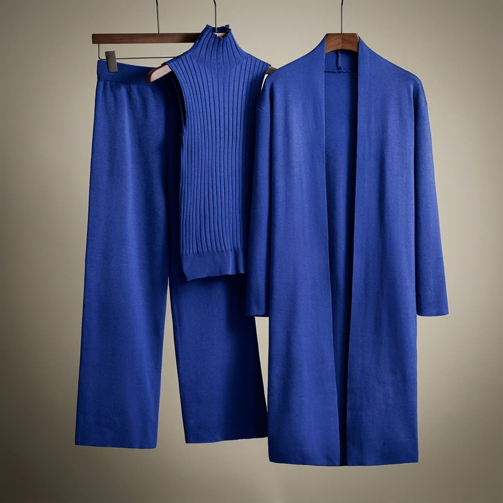 Women's Three-Piece Knit Set with Long Cardigan and Wide Pants - Blue