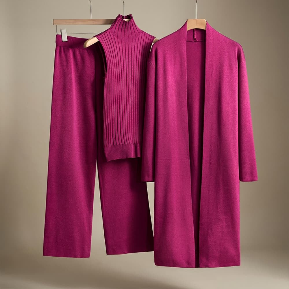 Women's Three-Piece Knit Set with Long Cardigan and Wide Pants - Pink