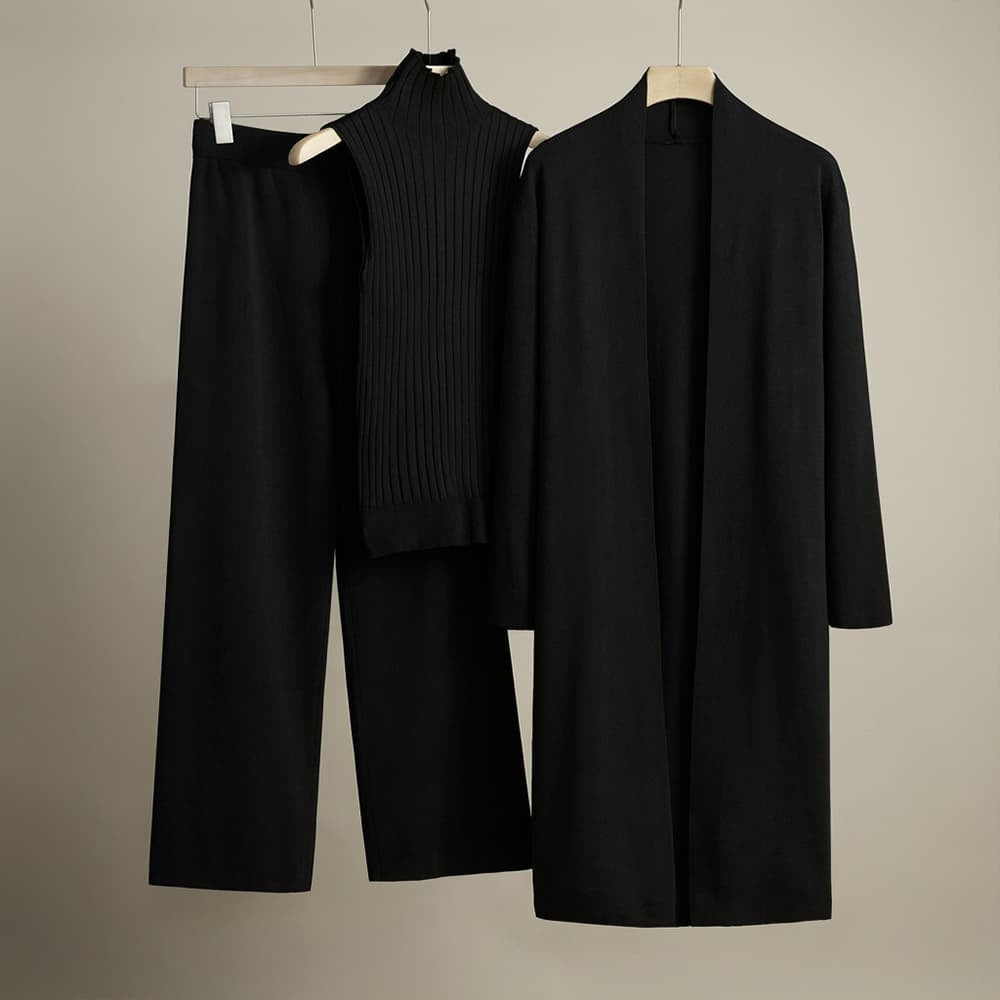 Women's Three-Piece Knit Set with Long Cardigan and Wide Pants - Black