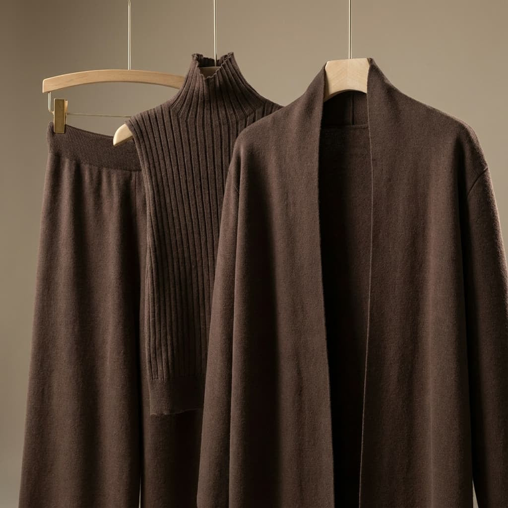 Women's Three-Piece Knit Set with Long Cardigan and Wide Pants