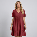 Women's Tiered Babydoll Mini Dress with V-Neck and Short Sleeves - Cabernet
