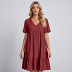 Women's Tiered Babydoll Mini Dress with V-Neck and Short Sleeves - Cabernet