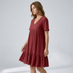 Women's Tiered Babydoll Mini Dress with V-Neck and Short Sleeves