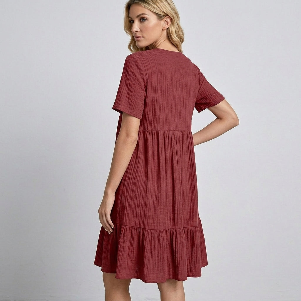 Women's Tiered Babydoll Mini Dress with V-Neck and Short Sleeves